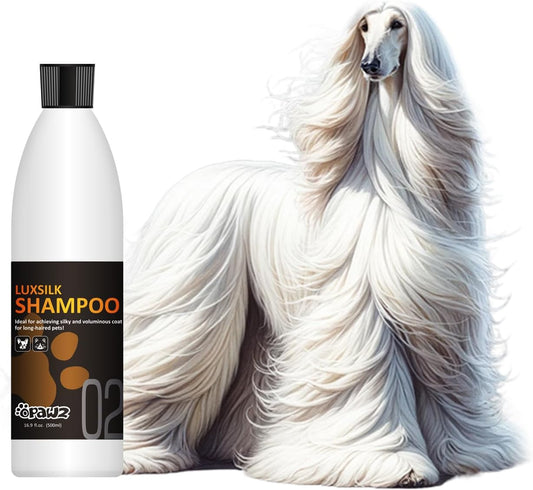 OPAWZ 02 LuxSilk Dog Shampoo, 2- in-1 Dog Shampoo and Conditioner, Reduces Shedding, Dematting, Deshedding, Removes Undercoat, for Long Haired, Silky Coat Dogs and Cats, 16.9 fl.oz/ 500ml