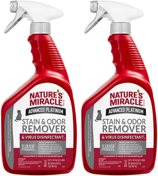 Nature's Miracle Advanced Platinum Stain and Odor Remover and Virus Disinfectant 32 Ounces, Eliminates Tough Dog Messes (Pack of 2)