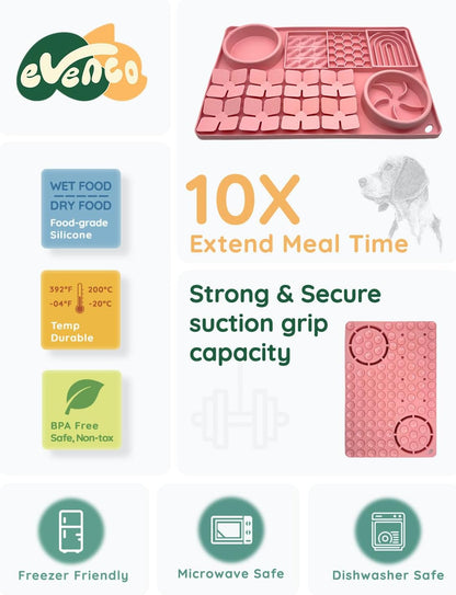 Slow Feeder Bowl Bundle: Pink 4in1 Licking mat (15.75" x 10.5" x 1.2") + Green Starry Sky Feeder (5.3" x 3.7"), Silicone Lick mat with Suction Cups for Slow Eating and Keep Busy