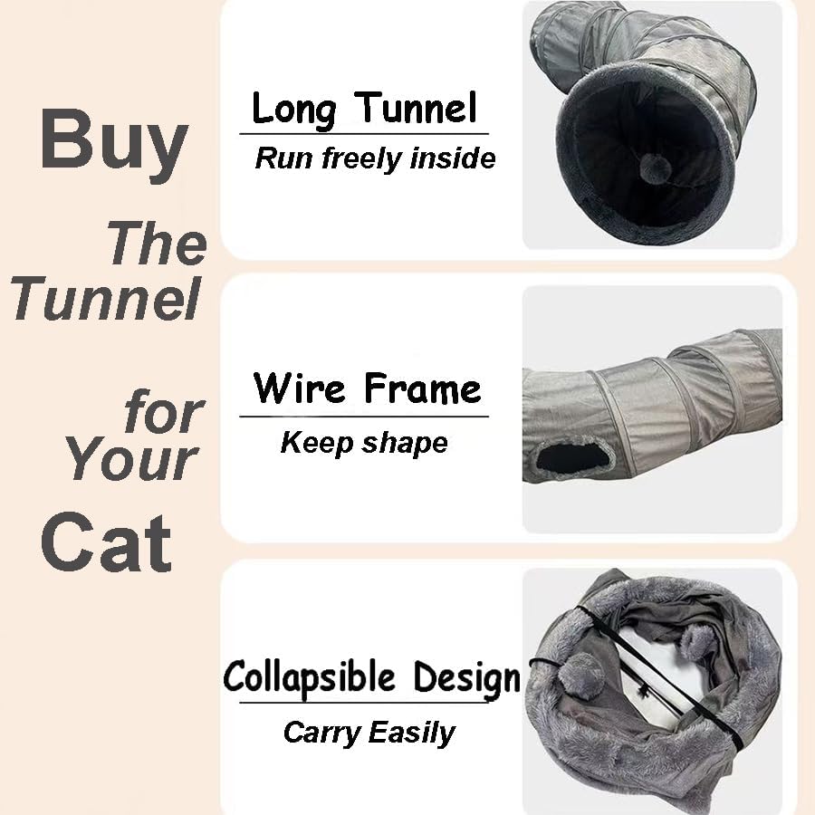 Pet Cat Tunnel Tube Toy Kit, 2 Way Grey Plush Collapsible Long Tunnels for Multi Cats Play, Interactive Maze Hideout for Puppy, Kitty, Kitten, Rabbit with Ball and Wand Toys