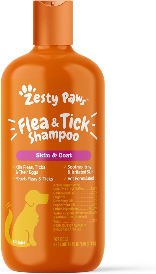 Zesty Paws Flea and Tick Shampoo for Dogs - Veterinarian Formulated Flea Shampoo for Dogs to Kill Fleas, Ticks & Their Eggs - Soothes Itchy & Irritated Dog Skin - Cedarwood, Rosemary & Peppermint Oil