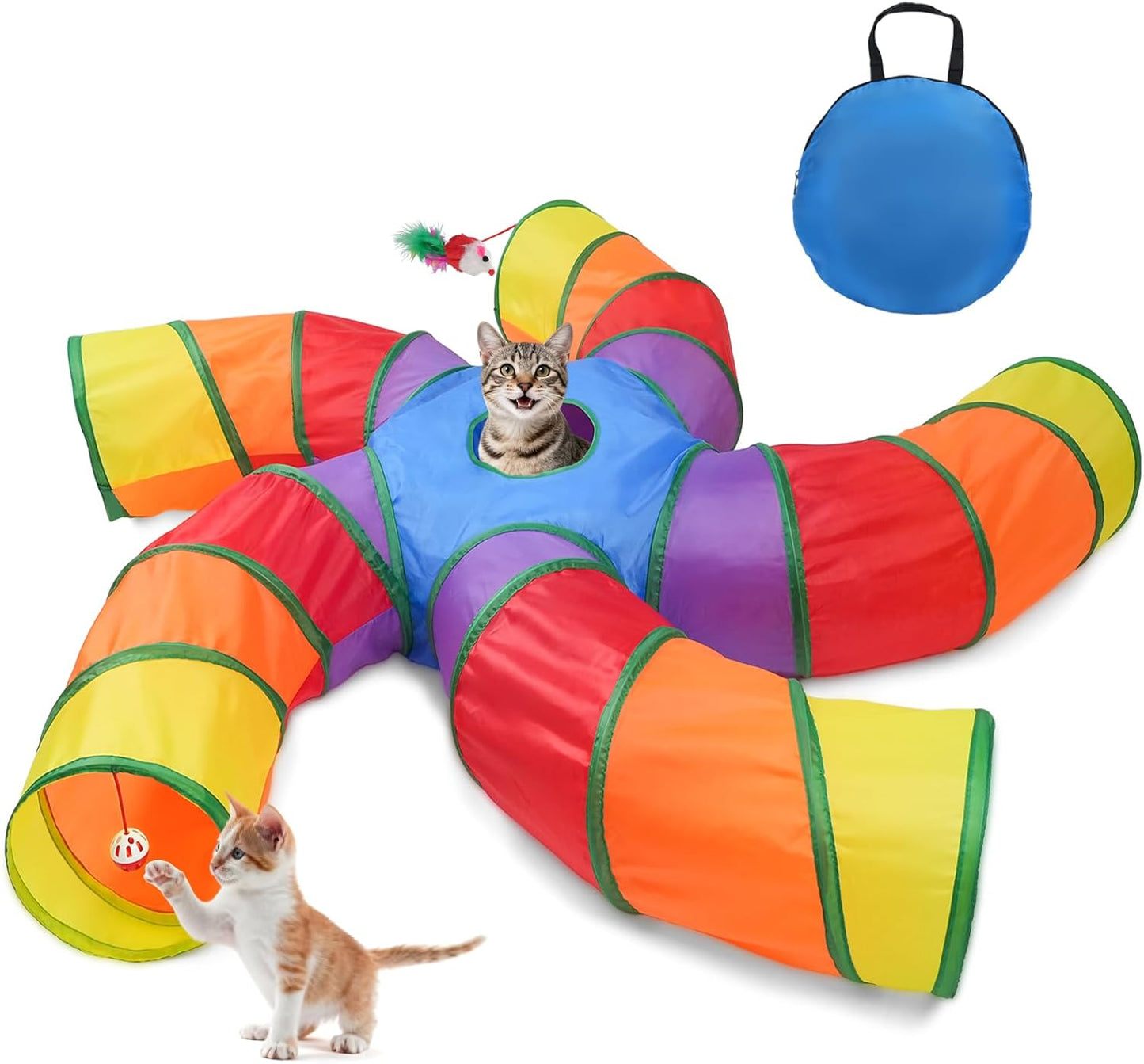 Joytale 5-Way Cat Tunnels for Indoor Cats, Pet Tube Toy with Play Ball and Toy Mouse, Christmas S-Shape Collapsible Tunnel with Interactive Hole for Kitty, Kitten, Rabbit, Puppy (Rainbow)