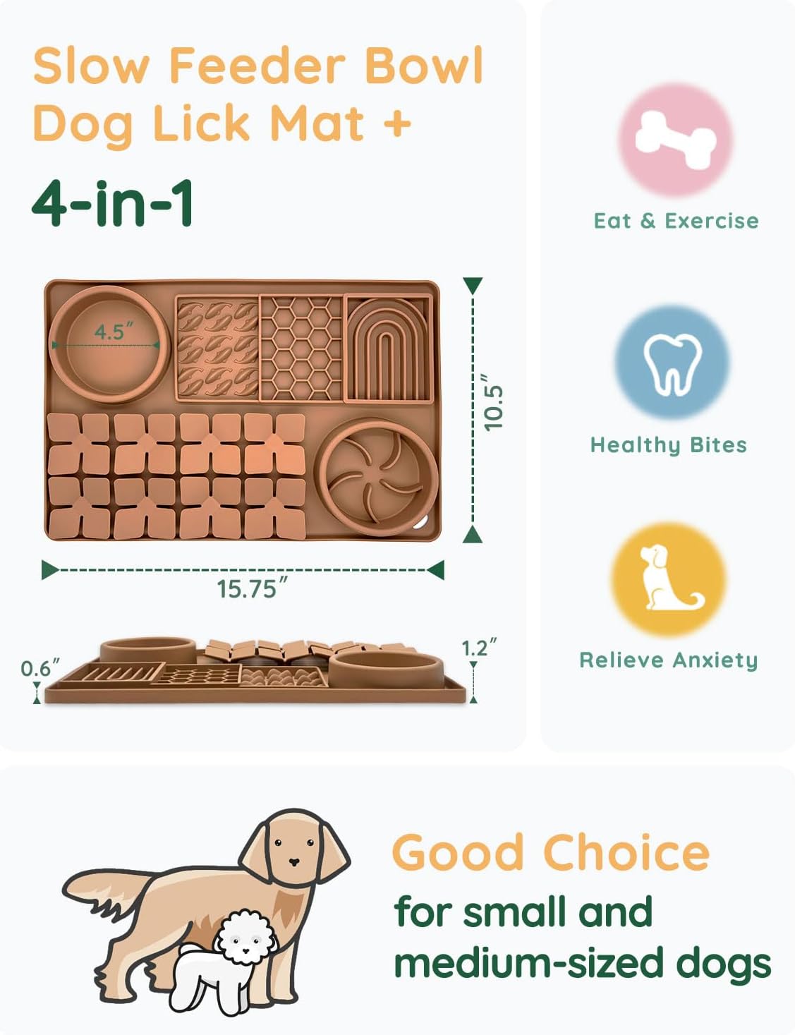 Slow Feeder Bowl Bundle: Brown 4in1 Licking mat (15.75" x 10.5" x 1.2") + Green Starry Sky Feeder (4.3" x 2.9"), Silicone Lick mat with Suction Cups for Slow Eating and Keep Busy