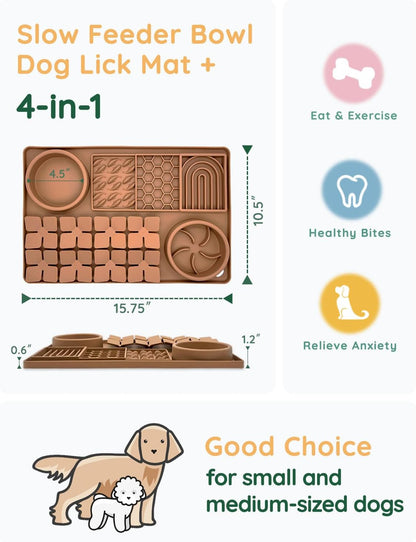 Slow Feeder Bowl Bundle: Brown 4in1 Licking mat (15.75" x 10.5" x 1.2") + Green Starry Sky Feeder (4.3" x 2.9"), Silicone Lick mat with Suction Cups for Slow Eating and Keep Busy