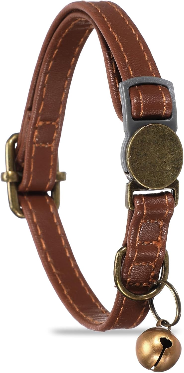 Cat Collars with Bell, 1PCS Kitten Collars with Bells Faux Leather Cat Collar for Small Cats Boy Girl (Brown)