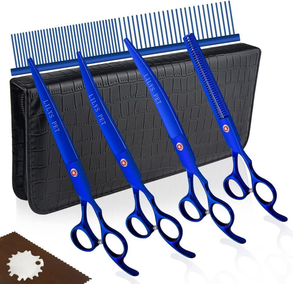 LILYS PET Professional PET DOG Grooming Coated Titanium scissors suit Cutting&Curved&Thinning shears (7.5 inches, Blue)…