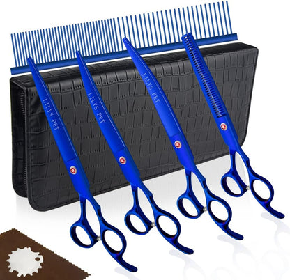 LILYS PET Professional PET DOG Grooming Coated Titanium scissors suit Cutting&Curved&Thinning shears (7.5 inches, Blue)…