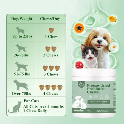 Freeze-Dried Probiotics Chews Supplement for Dogs & Cats, 5-in-1 Probiotic Blend for Digestive and Gut Health, 120ct/300g
