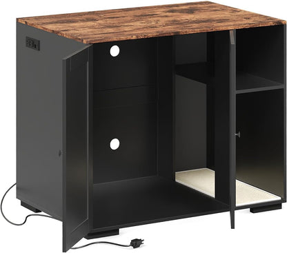 GarveeLife Cat Litter Enclosure Cabinet for Robot 3/4, XL Cat Enclosure Furniture with Built-in Power Outlet, Mat and Dog-Proof Shelf, Fit Most Self-Cleaning Litterboxes Black-A