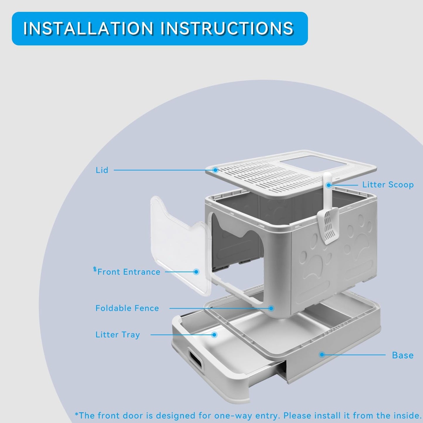 Stainless Steel Litter Box, Foldable Enclosed Cat Litter Box with Lid, Large Top Exit Design with Pull-Out Drawer & Scoop, Easy Clean Odor Control -Light Grey