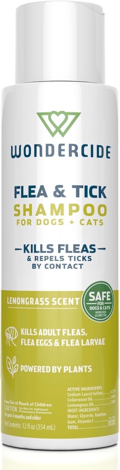 Wondercide - Flea & Tick Shampoo for Dogs and Cats - Flea and Tick Treatment with Natural Essential Oils - for Pets Over 4 Months - Powered by Plants - Lemongrass - 12 Fl oz