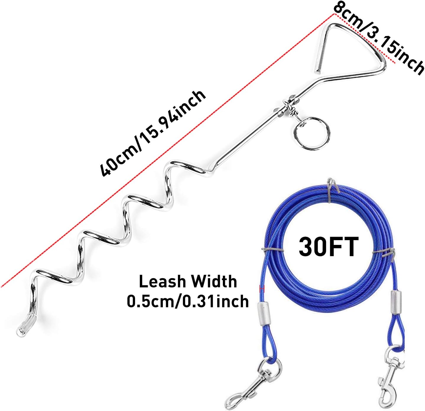 Dog Tie Out Cable and Anti Rust Spiral Stake , 30ft Outside Leash&Chain for Camping and Yard, 16'' Heavy Duty for Medium-Large Dogs Up to 125 lbs (30FT, Blue)