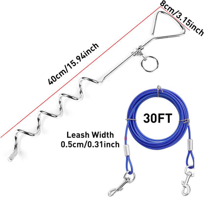 Dog Tie Out Cable and Anti Rust Spiral Stake , 30ft Outside Leash&Chain for Camping and Yard, 16'' Heavy Duty for Medium-Large Dogs Up to 125 lbs (30FT, Blue)