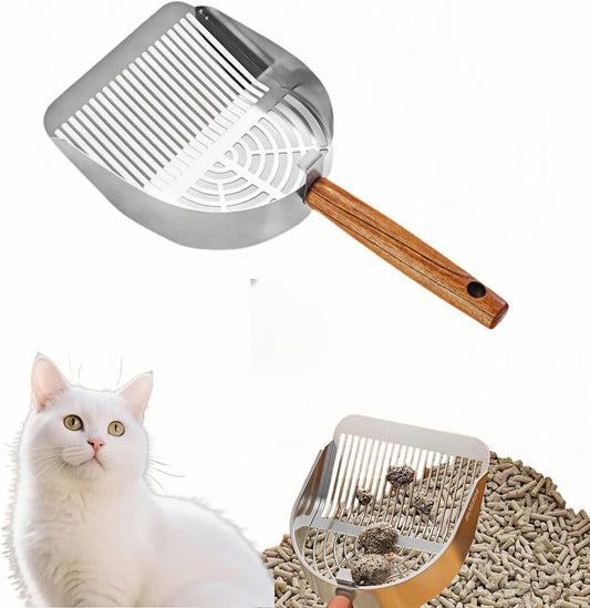 Premium Stainless Steel Cat Litter Scoop-Triple Guard Walls&Non-Stick Design,Silver,Flat Shovel Head Design Solid Deep Edge Wood Handle,Dual Hooks 1Pack,6.1x5.3inch (Silver long strip) (Silver)