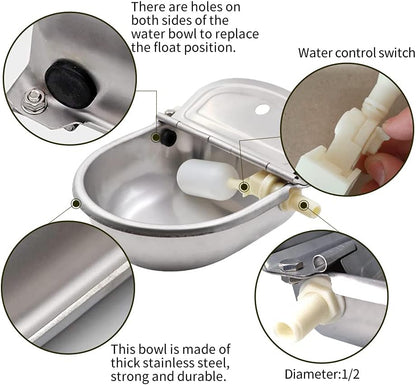 Automatic Cow Drinking Water Bowl, Stainless Steel Feeder Trough Dispenser Waterer for Pet Dog Horse Cattle Goat Sheep, with Float Ball Valves