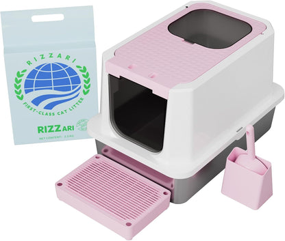 RIZZARI Pink Stainless Steel Cat Litter Box and Cat Litter Bundle