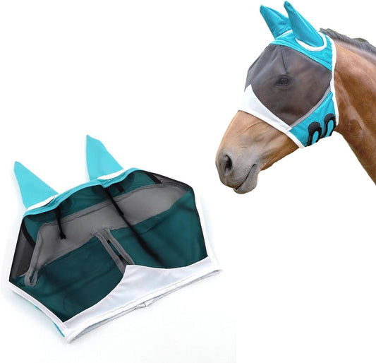 Andiker Soft Mesh Horse Fly Mask with Ears, Breathable Horse Face Mask Protect Eyes and Face (Green, Medium)
