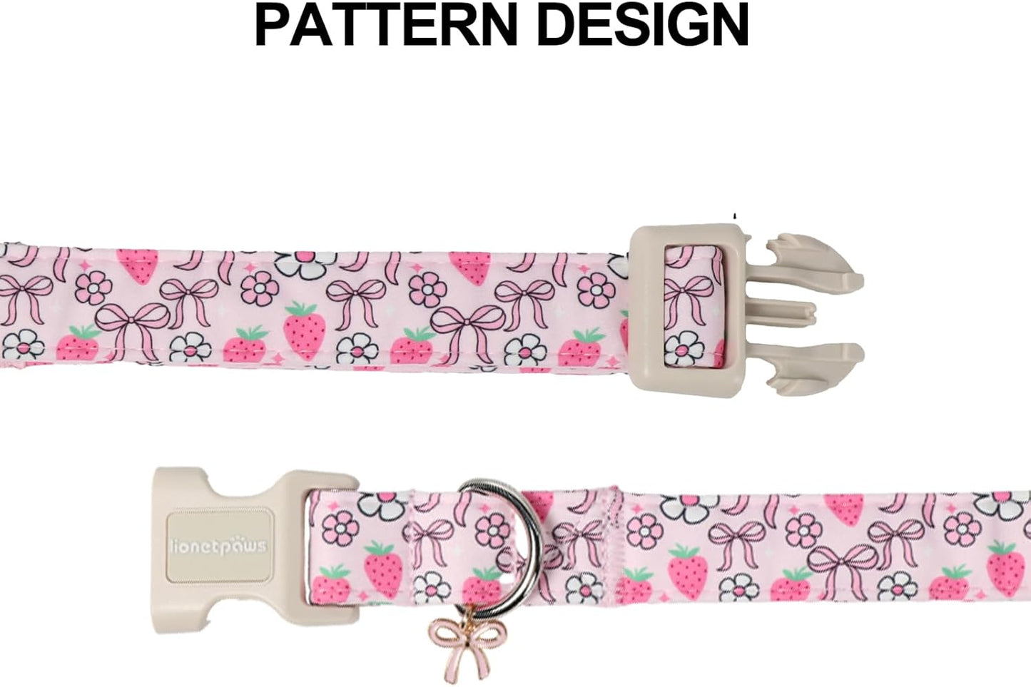 Lionet Paws Spring Dog Collar- Cute Strawberry Pink Dogs Collar with Plastic Buckle and Bowtie Pendant,Dog Collar for Medium Large Dogs