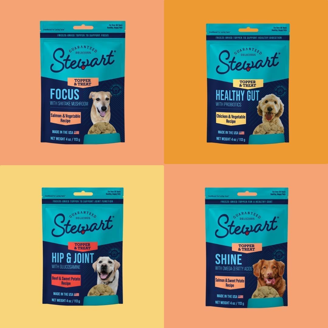 Stewart Freeze Dried Dog Food Topper, Shine, Salmon and Sweet Potato Recipe, 8 Ounce Pouch, Omega-3 for a Healthy Coat