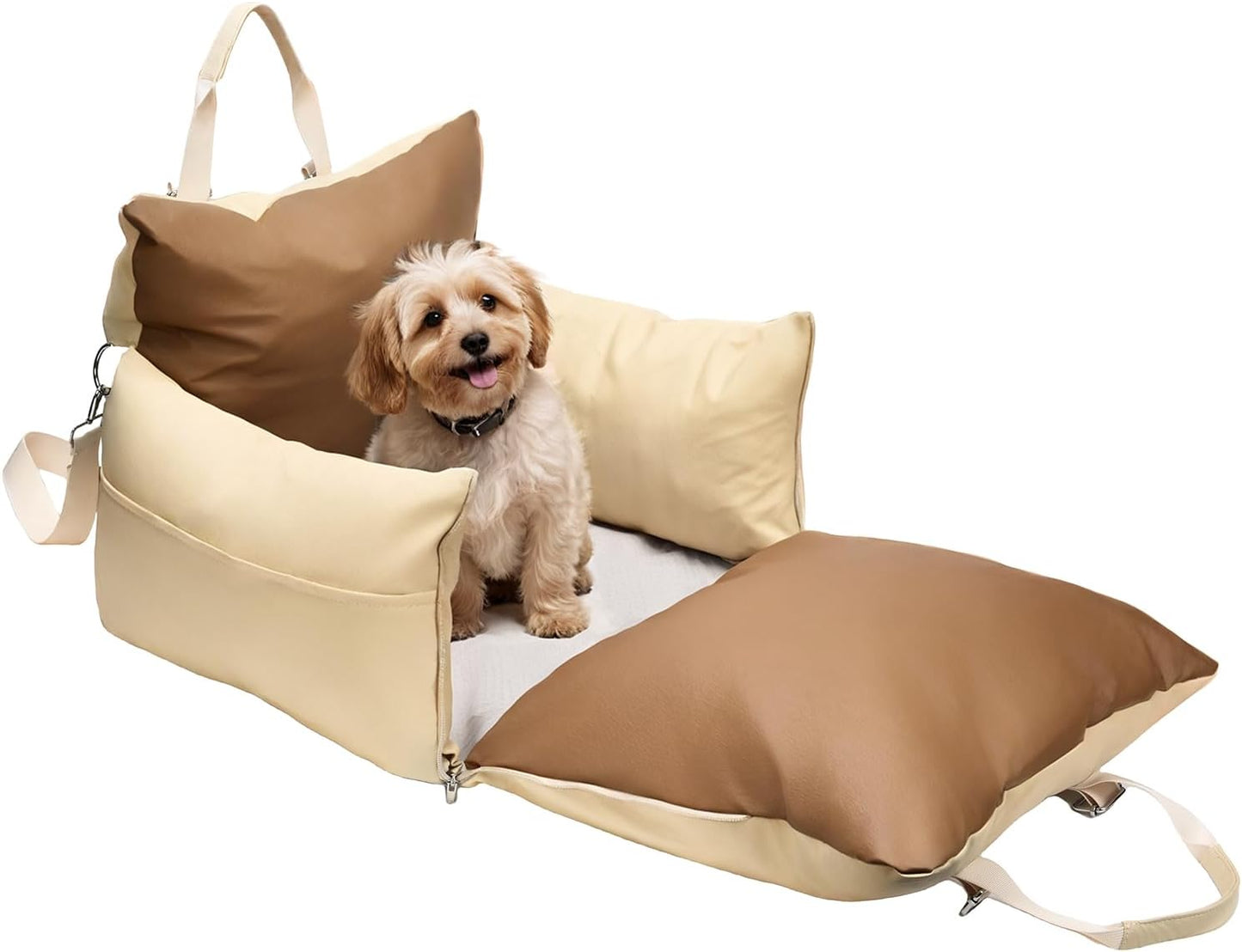 Small Dog car seat for Small Dogs seat Bed for car cat pet Puppy Bed Dog Medium Sized Booster 5-15 lbs with Harness（Milky White）