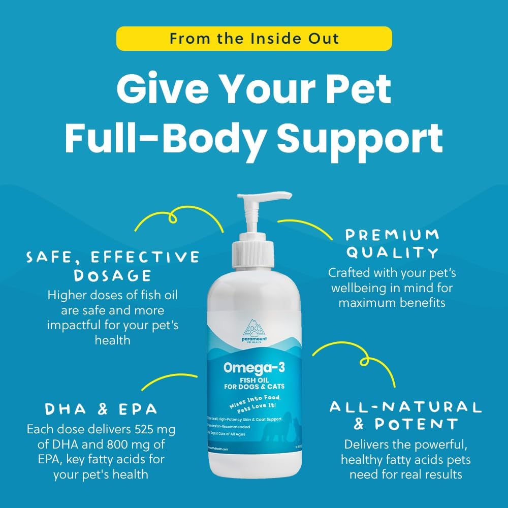 Wild-Caught Omega 3 Fish Oil for Dogs & Cats, Liquid EPA DHA Supplement for Skin, Coat, Joints & Heart, Low-Odor Omega 3 Drops for Small Dog Breeds & Cats with Itchy Skin, 16 oz