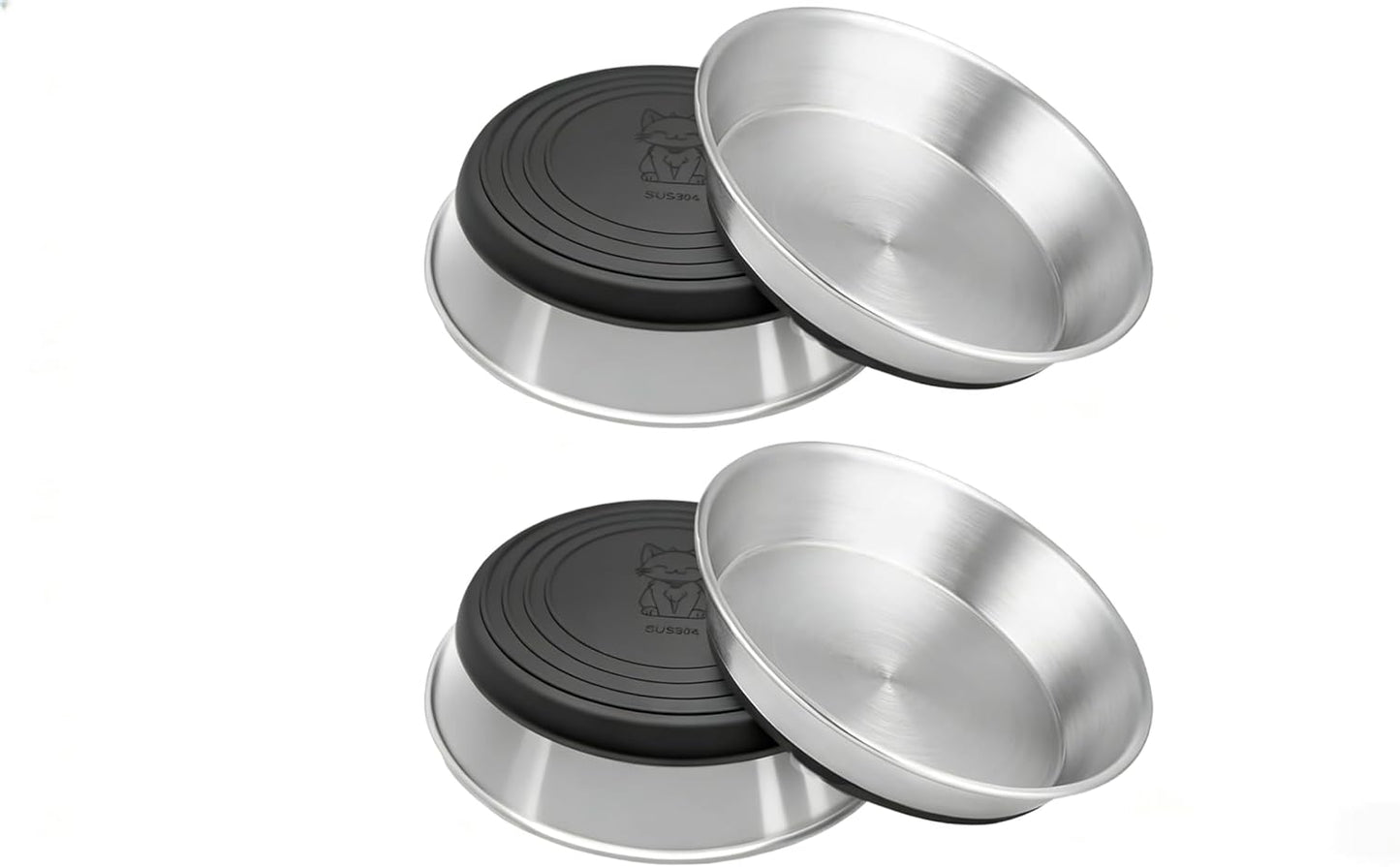 4 Pack Stainless Steel Whisker Friendly Shallow and Wide Cat Bowls for Food and Water, Non-Slip Silicone Cute Bottom for Small Dog Puppies Cats.