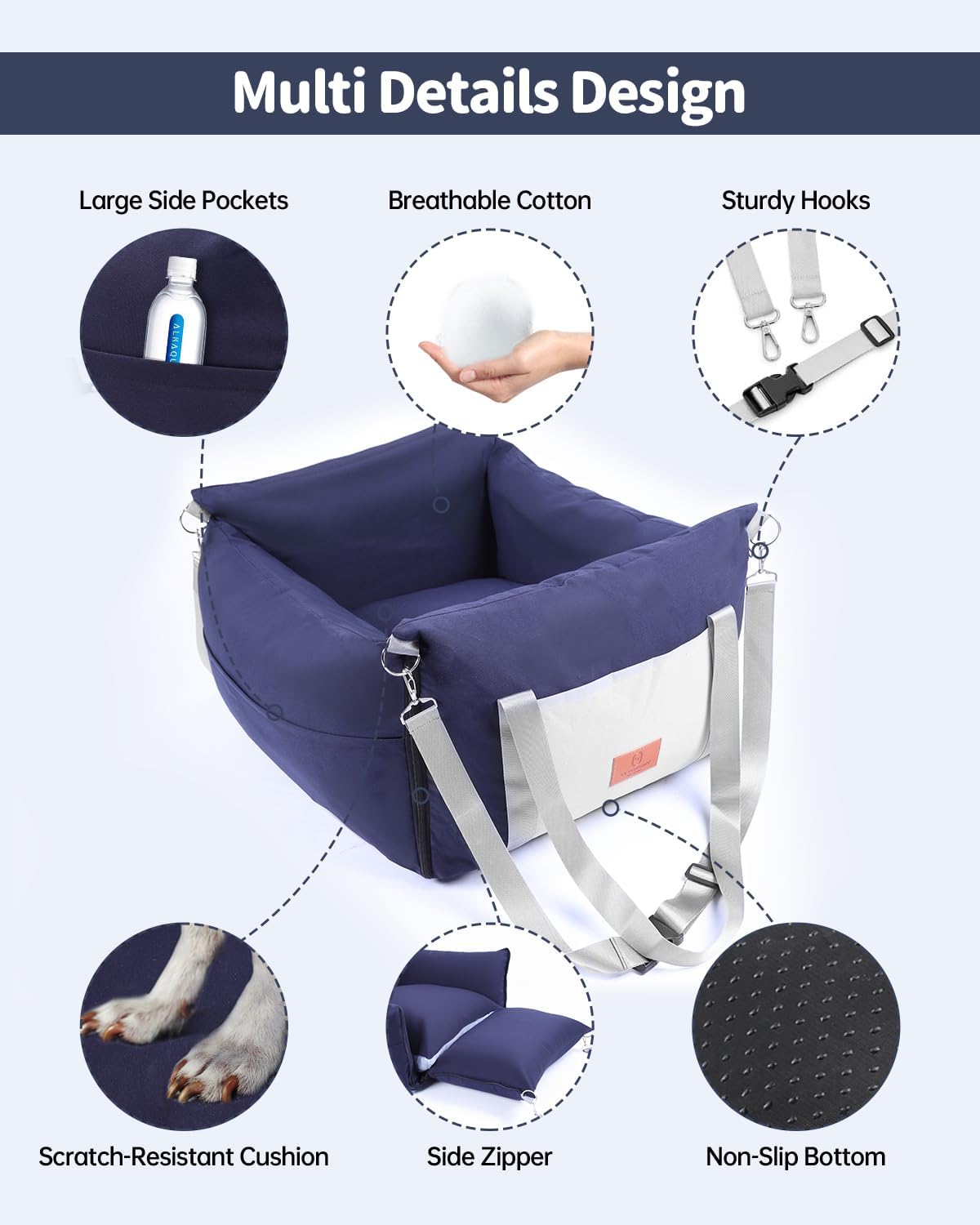 Medium Dog Car Seat for Medium Sized Dogs, Car Seat for Small Dogs with Side Zipper, Waterproof Dog Travel Bed in car with Storage Pockets Up to 25lbs, Memory Foam Filling for Max Support, Dark Blue