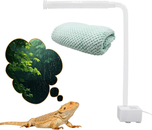 USB-Powered Reptile Shower Kit with Waterfall Fountain & Plush Towel – Bathing Essentials for Bearded Dragons, Frogs & Small Pets