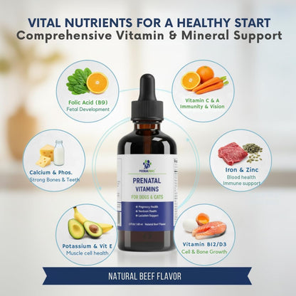 Liquid Prenatal Vitamins for Dogs & Cats - Folic Acid, Calcium & Iron Drops - Essential Support for Dog Pregnacy, Breeding & Lactation - Healthy Litter Growth - Beef Flavor, 60 ml