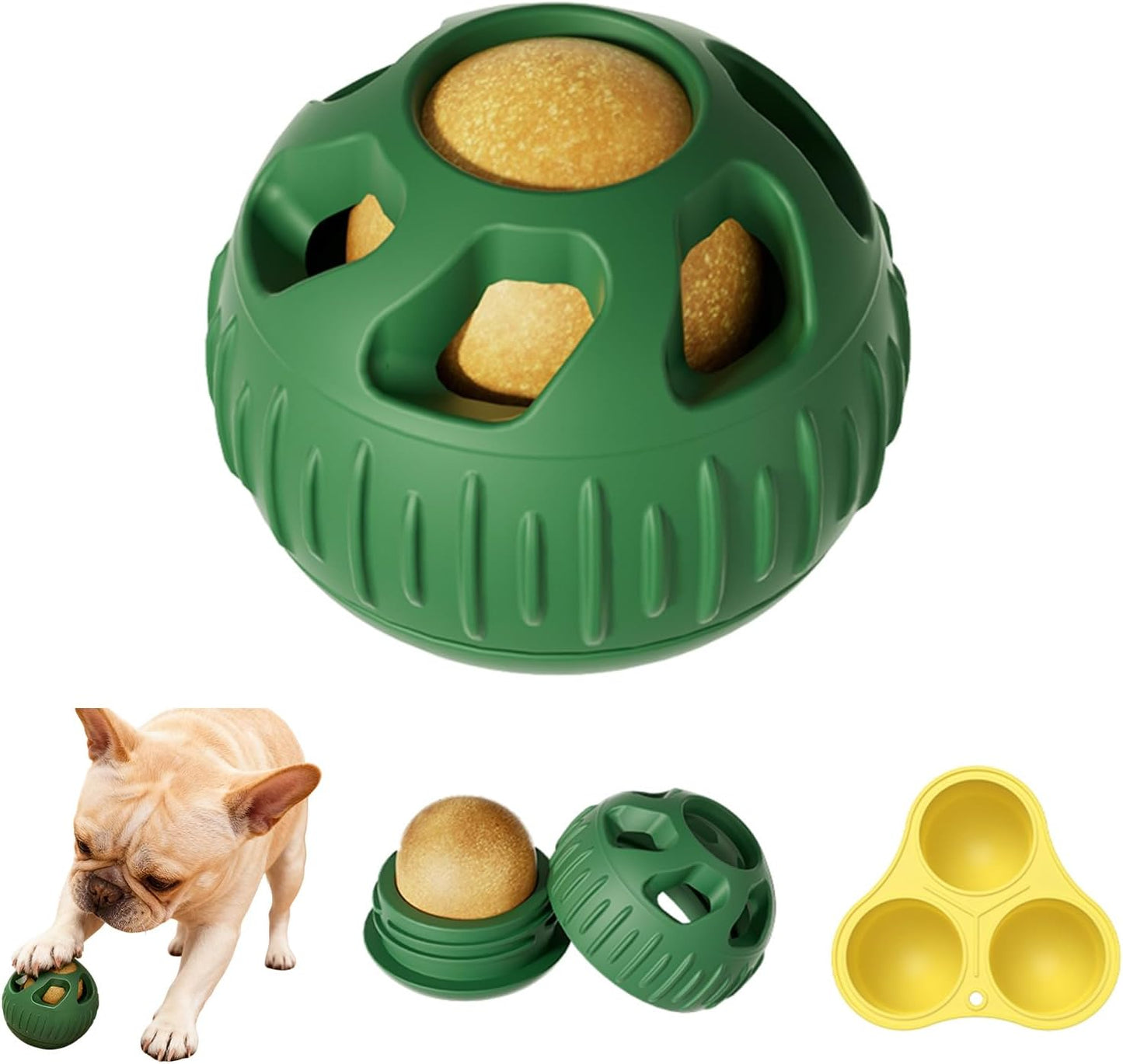 2PC Interactive Dog Toys, Durable Silicone Chew Toy for Aggressive Chewers,Interactive Frozen Dog Treat Toy with Ice Tray， Slow Feeder & Puzzle Enrichment Ball for Small Medium Dogs (Green)
