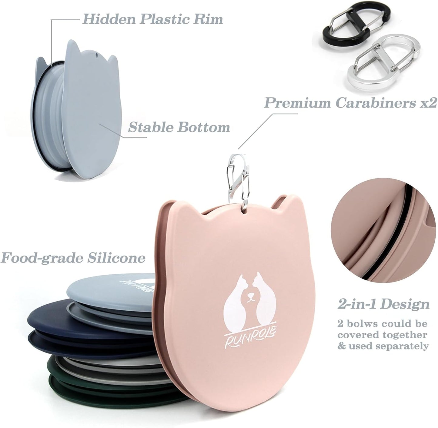 RUNROLE 2-in-1 Collapsible Silicone Dog Travel Bowls, Slot Together and Use Separately, Portable Pet Food Water Bowls, Foldable Cat Feeding Watering Dishes, 20OZ+27OZ(Blush Pink)