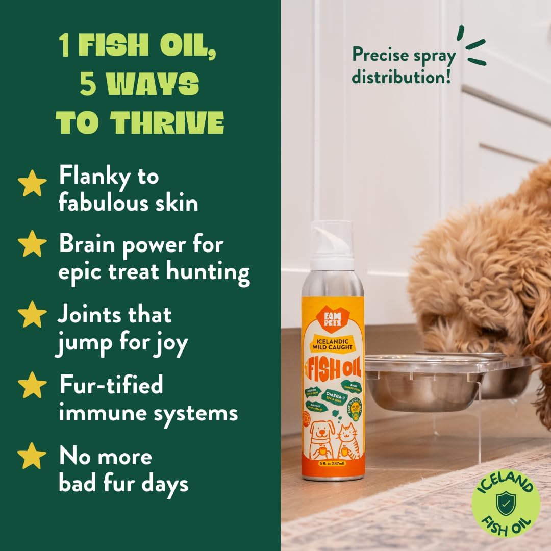 Omega 3 Fish Oil for Dogs and Cats (5 oz) - Icelandic Fish Oil Liquid Dog and Cat Supplement with EPA DHA for Skin, Coat, Joint & Health - Natural Pet Supplement - Aluminum Spray Bottle