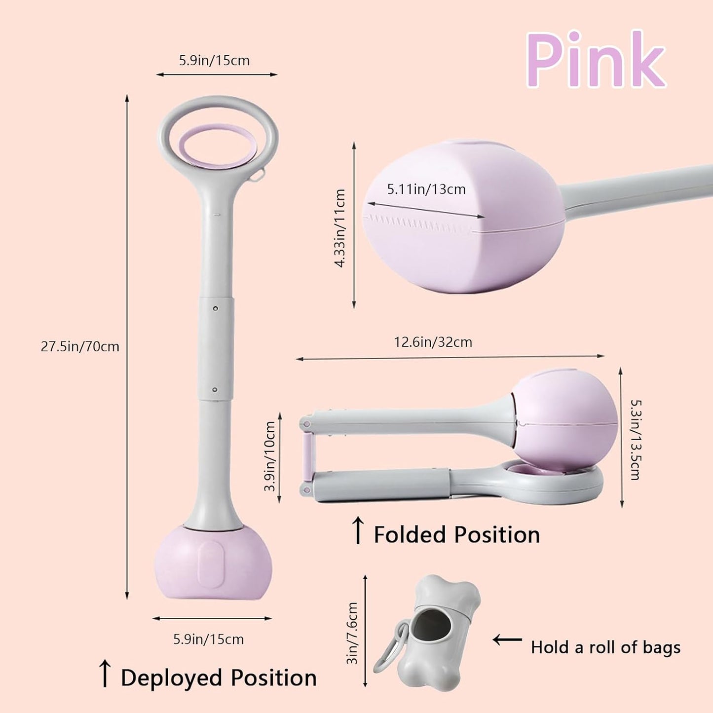 Pooper Scooper with Long Handle 28”, Heavy Duty & Foldable, No Touch Waste Pickup Tool for Large Medium Small Dogs,Portable for Lawn Grass Dirt Gravel, Includes 1 Rolls Waste Bags (Pink-Large)