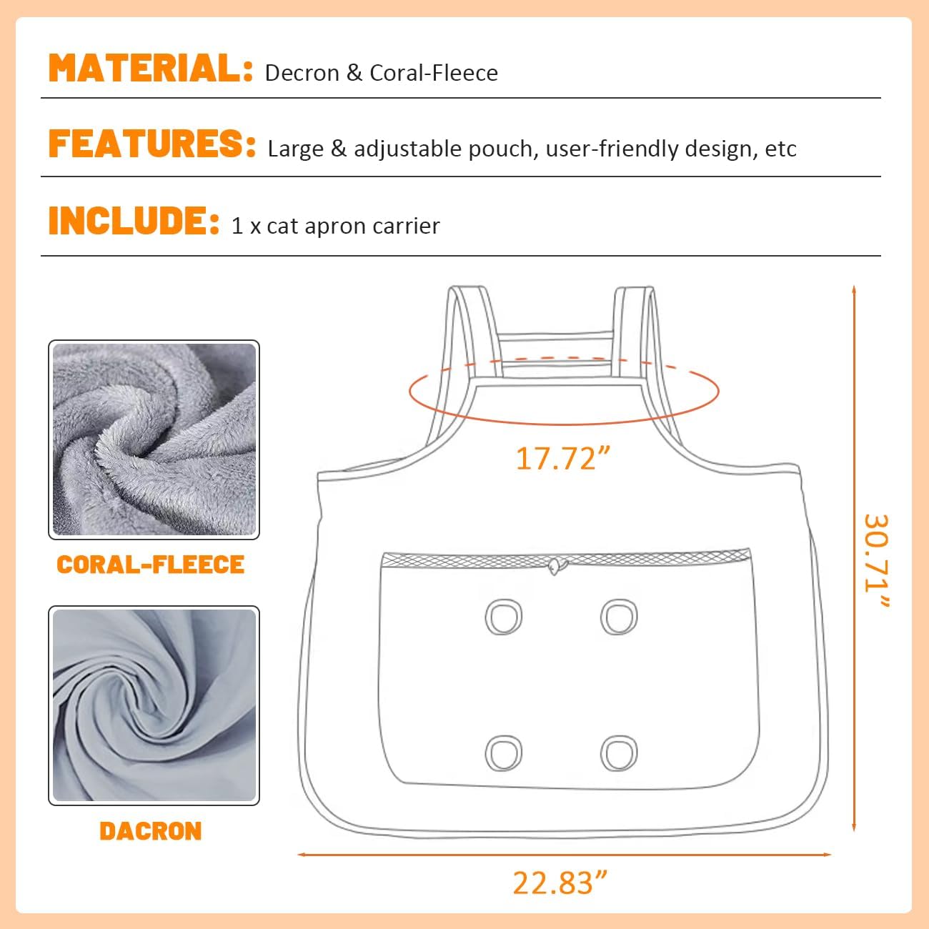 La La Pet Cat Apron Carrier Hand-Free Pet Carrier Sling with Holes Adjustable Sleeping Bag for Small Sized Animals Kitten Carrier Pouch Reduce Hair Sticking Coral Fleece