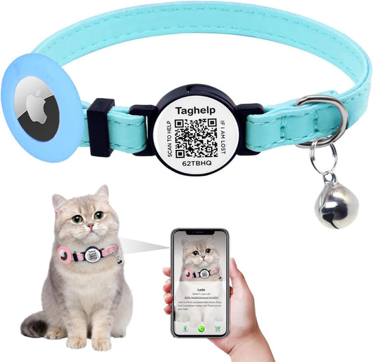 Cat Collar with Name Tag Breakaway with Airtag Holder: Kitten Collars for Girl Boy Cats with Writable Name Tags, Ultra Soft & Cat Collar with Break Away Safety Buckle/Shareable Pet Profile (Blue)