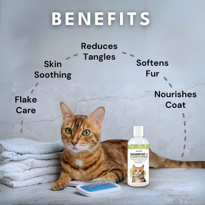 2-in-1 Cat Shampoo and Conditioner – Persian Cat Shampoo – Kitten Shampoo for Cats – Cat Shampoo for Dandruff – Pet Shampoo for Cats with Aloe Vera, Coconut & Walnut – 10.14floz
