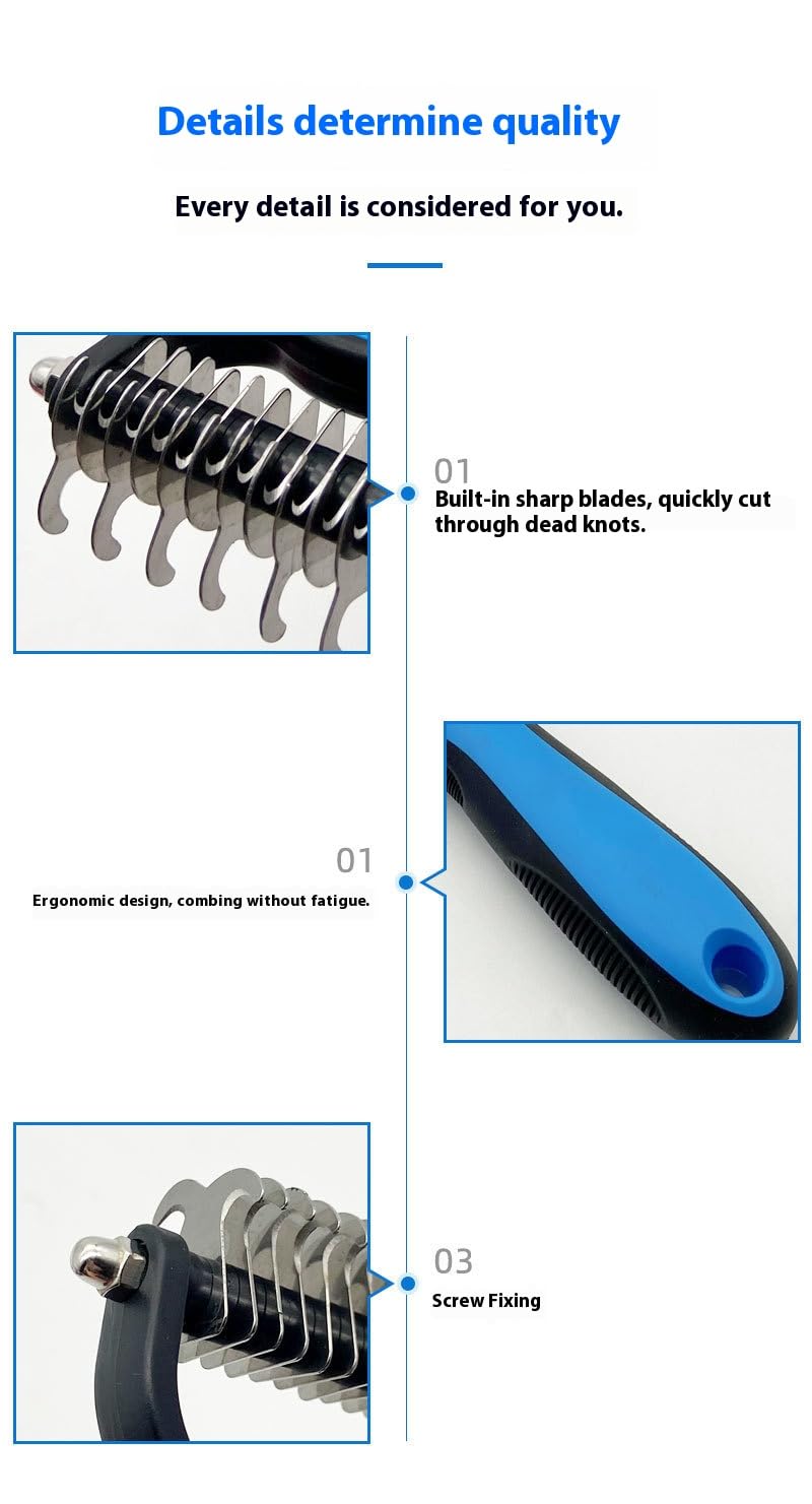Double-Sided Pet Dematting Comb – 2-in-1 Undercoat Rake for Dogs & Cats, Stainless Steel Blade + PP Handle, Removes Tangles & Floating Hair, Lightweight 113 g, Home Grooming Tool