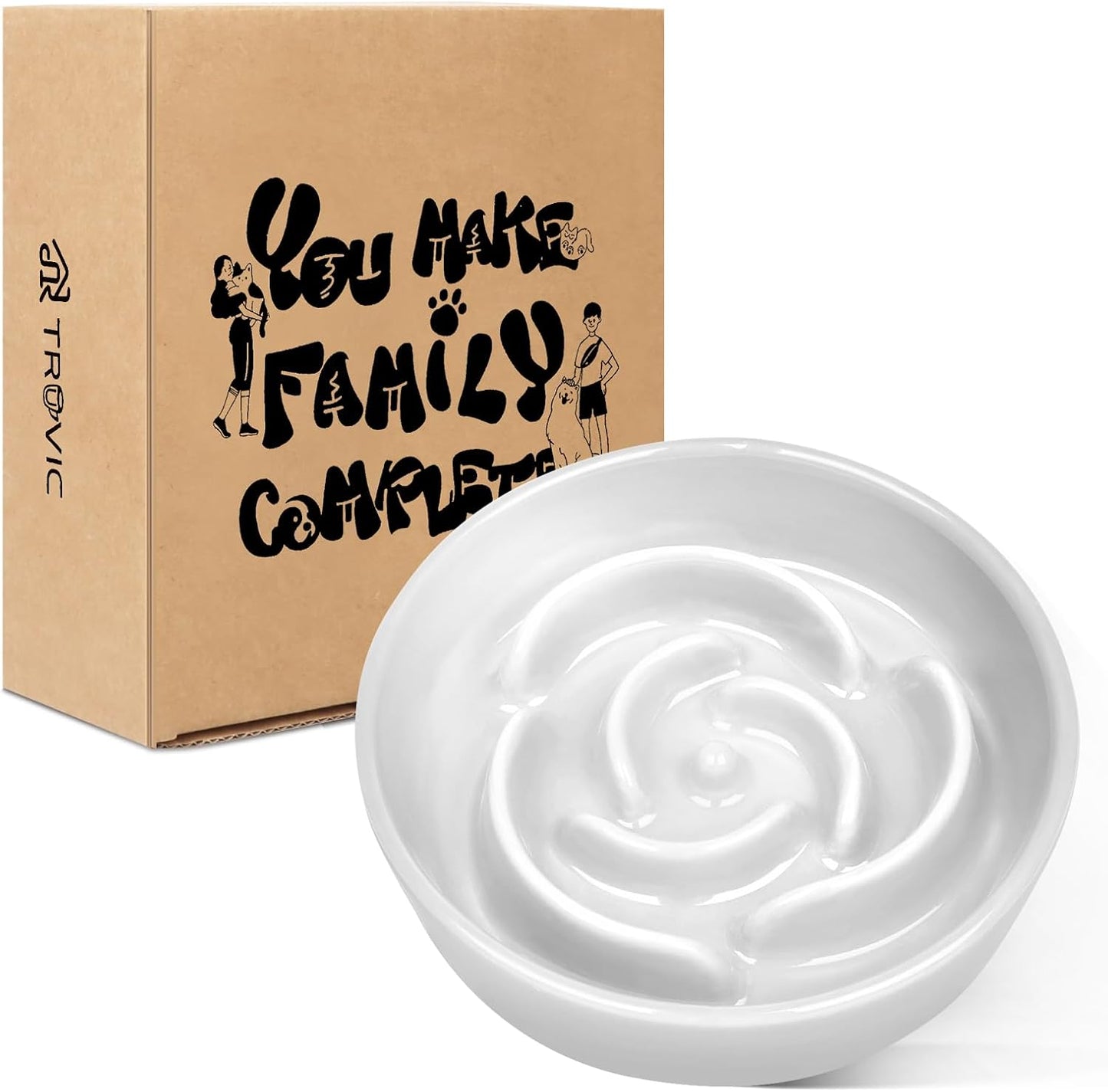 TRUVIC Ceramic Slow Feeder Dog Bowls, 1.5 Cup Puzzle Slow Feeder Bowls for Fast Eaters, Ceramic Dog Food Dish no Black Chin, Puzzle Bowl for Medium Dogs, White