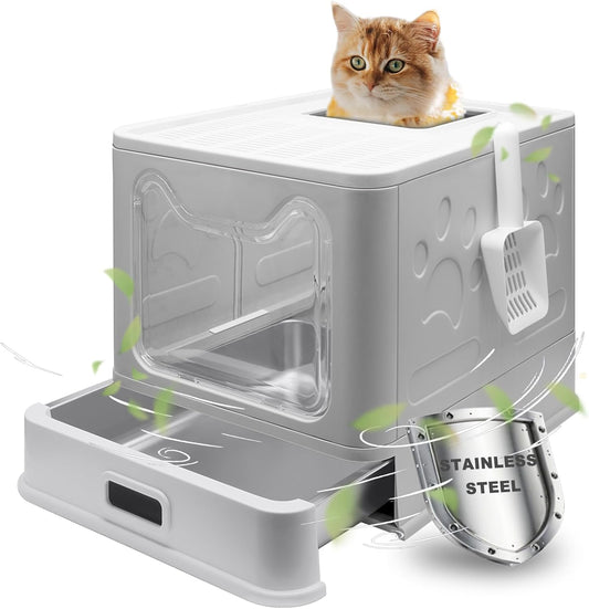 Stainless Steel Litter Box, Foldable Enclosed Cat Litter Box with Lid, Large Top Exit Design with Pull-Out Drawer & Scoop, Easy Clean Odor Control -Light Grey