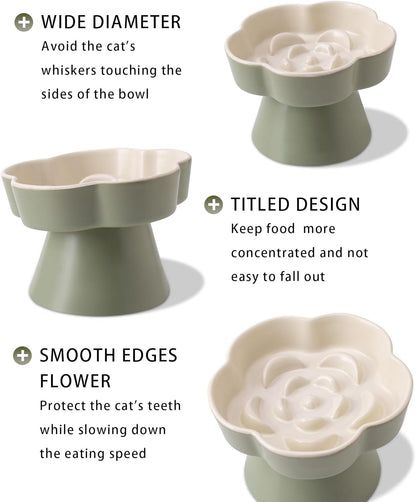 Tilted Cat Bowl, Flower-Shaped Ceramic Slow Feeder Cat Bowl, Raised Pet Bowl for Whisker Relief, Prevents Vomiting & Bloating, Non-Slip Base, Easy to Clean for Dry/Wet Food (Yellow & Beige)