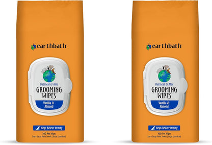 earthbath, Oatmeal & Aloe Grooming Wipes - Dog Wipes for Paws and Butt, Pet Wipes for Dogs & Cats, Helps Relieve Itchy & Dry Skin, Made in USA, Cruelty-Free - Vanilla & Almond 100 Count (2 Pack)