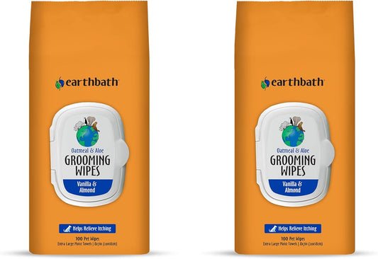 earthbath, Oatmeal & Aloe Grooming Wipes - Dog Wipes for Paws and Butt, Pet Wipes for Dogs & Cats, Helps Relieve Itchy & Dry Skin, Made in USA, Cruelty-Free - Vanilla & Almond 100 Count (2 Pack)