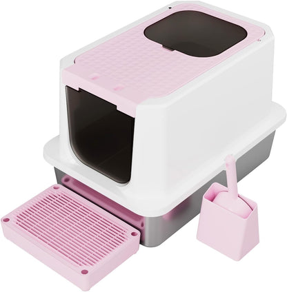 RIZZARI Pink Stainless Steel Cat Litter Box and Cat Litter Bundle