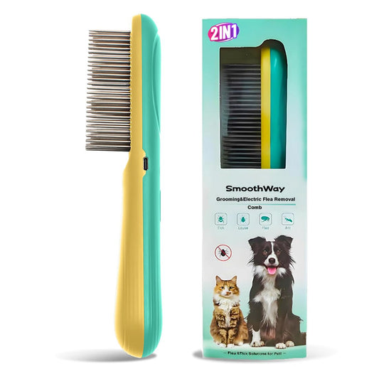 Professional Flea Comb for Long Haired Dogs & Cats - 3-Row Stainless Steel Dematting Tool with Negative Ions | Detangling Comb for Poodles Includes Cleaning Brush