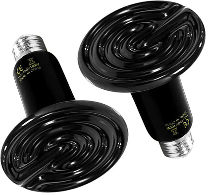 HealSmart Reptile Heat Lamp 100W 2-Pack Ceramic Heat Emitter, No Light Emitting Heat Bulbs for Amphibian Pet Brooder Coop Incubating Chicken, Lizard Bearded Dragon Turtle Snake Terrarium Black
