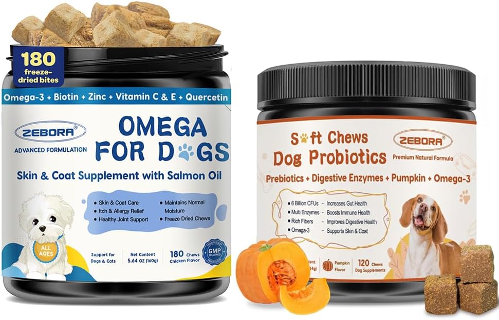 ZEBORA Probiotics for Dogs - Dog Probiotics, Salmon Oil for Dogs, Omega 3 Fish Oil for Dogs Skin and Coat