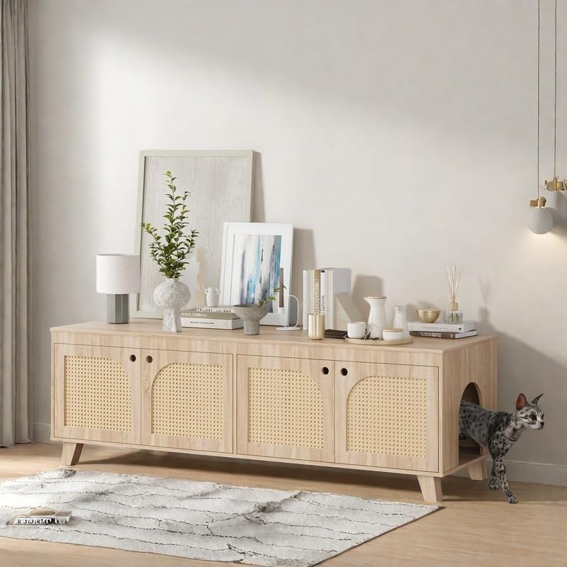 FONTOI Rattan Cat Litter Box Enclosure with Decorated Doors, Wooden Pet Washroom with Two Entrances, Double Hidden Litter House with Non-Slip Feet, Enclosure Furniture Cabinet for Two Cats