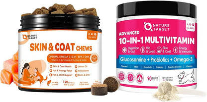 Dog Vitamins Powder, Probiotics & Digestive Enzymes for Gut Health, Salmon Oil Skin and Coat Supplement for Dogs Itchy Skin Relief