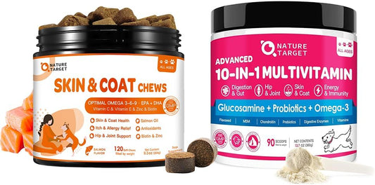 Dog Vitamins Powder, Probiotics & Digestive Enzymes for Gut Health, Salmon Oil Skin and Coat Supplement for Dogs Itchy Skin Relief