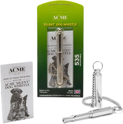ACME original 'silent' dog training whistle no. 535. Adjustable frequency. Instruction leaflet included. Made in the UK. Good sound quality. Weather-proof. Solid brass with nickel plated finish